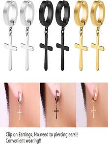 22pcs/Set Non-Piercing Earrings Set, Stainless Steel Cross Pendant Clip-On Earrings For Men And Women - Multicolor - View 2