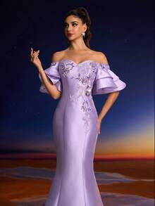 Anymoon Elegant High Waist Lace Sequins Fish Tail Dress Formal Evening Dress Suitable For Music Festivals, Graduations, Homecomings, Parties, Cocktail Parties And Wedding Event,Party Dress,Gown,Wedding Guest