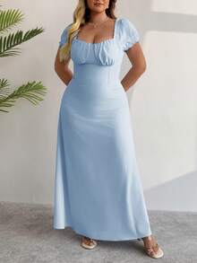 PoPoHouse Vestido Feminino Casual Elegante Plissado Busto Cintura - Cintura Plus Size