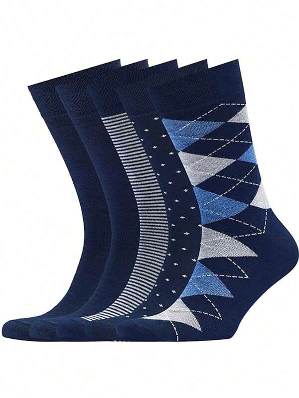 5 Pairs Men's High Crew Solid Color Sailor Socks, Business Socks, Plaid Socks, Quality Sports Socks, European Size, Long Socks, Black Socks, Blue Socks, Autumn & Winter