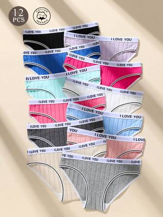12PCS Women Cotton Panties Letter Printed Waistband Elastic Soft Breathable Women Sports Briefs