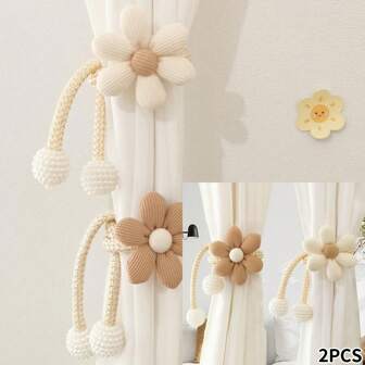 2-Piece Adjustable Floral & Faux Pearl Window Curtain Tie Backs, Beige/Curry, Durable Polyester Fabric Home Decor For Living Room, Bedroom, Office, Modern Minimalist Style, Decorative Design, Cute