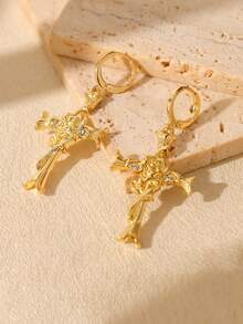 1 Pair Fashionable Minimalist Elegant Rose Flower & Cross Pendant Earrings, Luxury Jewelry Suitable For Women Dates & Parties - A Pair Of Earrings - View 5