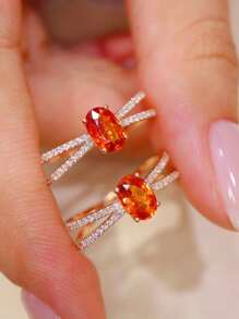 1pc S925 Sterling Silver Oval-Shaped Elegant Vintage Orange Zirconia Crossed Ring, Versatile Daily Wear, Gift For Women, Jewelry