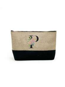 1set ,A Initial Flowers Pattern Tote Bag With Shoulder Straps&A Makeup Bag Initial Letters A-Z Set, Personalized Gift Bag With Side Pockets,Beach Bag With Scarf,Portable Leisure Storage Handbags, Multifunctional Shopping Bags, Travel Simple Storage Bag - Khaki - View 46