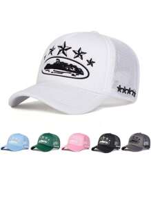1pc Men's Five-Pointed Star Embroidery Trucker Cap, Fashion Baseball Hat With Sun Protection For Outdoor, Casual, Spring/Autumn Travel, Beach Vacation