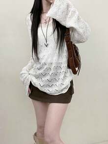 V领镂空针织毛衣休闲宽松长袖上衣，防晒 - 白色 - 查看 2