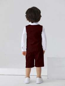 BOARNSEORL 3pcs Young Boys Gentleman Outfit - White Shirt With Bow Tie, Vest And Shorts, Fashionable & For Birthday Party, Gathering, Anniversary, Wedding - Burgundy - View 4