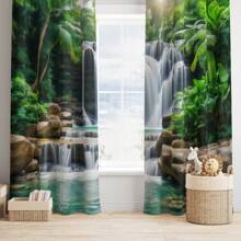 2pcs Tropical Waterfall Print Sheer Curtains, Elegant Style Semi-Transparent Polyester Curtains, Machine Washable, Rod Pocket Hanging, No Lining, Suitable For Living Room And Bedroom Decor
