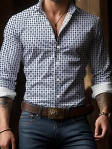 Camisa casual a cuadros para hombres, camisa de manga larga retro a cuadros de peso ligero, camisa elegante de manga larga para hombres