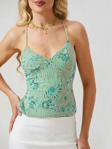 Women Y2K Sequin Cami Top Sexy Low Cut V Neck Open Back Criss Cross Straps Tank Tops Cute Sparkle Backless Summer Going Out Crop Tops Party Tops New Years Top - 綠色 - 查看 1