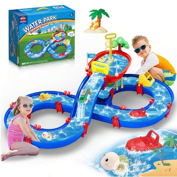 VATOS 2-Tier Kinder Wassertisch im Freien, 61PCS DIY Kleinkinder Wasser Tisch Spielzeug Spielplatz, Pool Wasserweg Spielzeug mit Pumpe, Sommer Outdoor Aktivität Funs für Kinder Jungen Mädchen