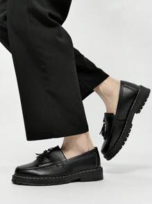 Men's Casual Thick Sole Slip-On Solid Black Leather Shoes, Durable Student Loafers, Formal Business Dress Shoes With Tassels, Lightweight Casual Work Boots