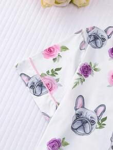 Bộ đồ ngủ in hình chú chó và hoa dễ thương dành cho nữ, áo ngắn tay có cổ thoải mái và quần short cạp chun, đồ ngủ thời trang đẹp cho gia đình, ngày lễ, tiệc tùng, thường ngày - trắng - Xem 4