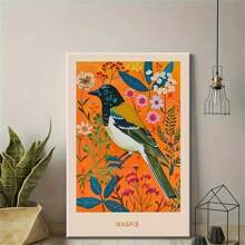 1pc Vibrant Magpie Bird & Floral Canvas Art Print - Rustic Vintage Wall Decor With | Colorful Home, Kitchen, Bedroom, Office & Bathroom Poster ,No Frame