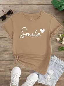 Damska koszulka z krótkim rękawem, regularny krój, koszulka z nadrukiem Smile Letter, damska koszulka z okrągłym dekoltem, wygodna, sportowa, casualowa, krótka, topy damskie, odzież wiosenno-letnia, prezent świąteczny - Kolor khaki - Zobacz 1