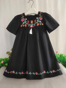 Rochie de vară cu mânecă scurtă pentru fete tinere, cu flori brodate, din bumbac, casual, de prințesă, pentru petrecere