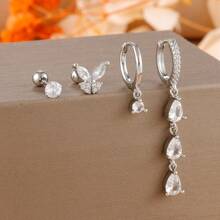 4PCS Butterfly Ear Stud Water Drop Pendant Earrings For Women,18K Gold Plated Stainless Steel And Copper,Simple CZ Zirconia Small Hoop Earring,Cartilage Piercing Jewelry