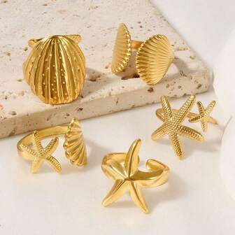 Stainless Steel Ring With Starfish & Shell Design, Suitable For Women's Daily Wear Jewelry, 18k Gold Plated, Ocean Theme For Beach Party, European & American Style