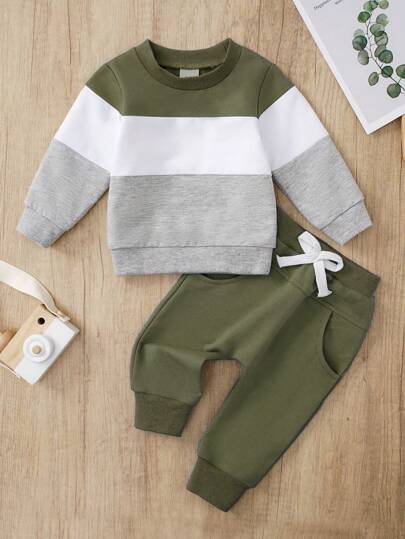 2 pezzi set di felpa girocollo a maniche lunghe e pantaloni con color block casual per bambino, autunno/inverno
