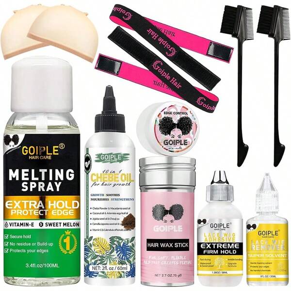Set da 12 pezzi con spray per la fusione di pizzo impermeabile da 100 ml e olio Chebe per parrucche senza colla, incluso spray per la fusione e la tenuta del pizzo, colla per parrucche, solvente per colla, spray per la fusione di pizzo a tenuta extra, spazzola per i bordi, stick di cera per capelli, gel per il controllo dei bordi da viaggio e strumento per il fissaggio della parrucca.