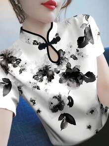 T-shirt à col de cheongsam modifié à manches courtes pour femmes, nouveau Top casual imprimé slim fit à la mode pour l'été - Noir et Blanc - Voir 1