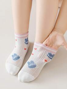 5 Pairs Striped Letter Print Breathable Lightweight Children Socks, Cute Cartoon Pink And Blue Rabbit Mesh Socks, Suitable For Girls In Spring/Summer - Multicolor - View 6