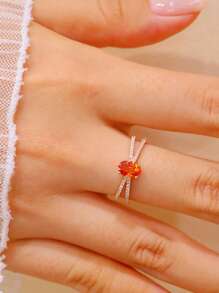 1pc S925 Sterling Silver Oval-Shaped Elegant Vintage Orange Zirconia Crossed Ring, Versatile Daily Wear, Gift For Women, Jewelry