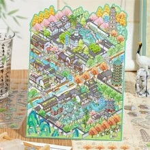 4 Sheets/Bag Miniature Landscape Stickers, Made Of Waterproof PET Material, Suzhou City Theme Series, Suitable For Scrapbooking, Diary Decoration, Gift For Festivals And Birthdays