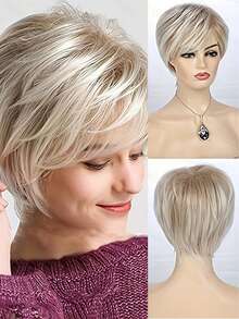 1 parrucca corta bionda elegante con frangia stile pixie - stile dritto a strati, in fibra resistente alle alte temperature, perfetta per uso quotidiano, lavoro e feste, parrucca capelli corti - Evidenzia Bionda - Visualizzare 1