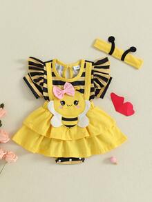 Conjunto de verano para niña de 0 a 18 meses: mono acampanado con estampado de abejas y diadema gratis  Pelele de rayas de manga corta, ropa para bebé niña - Amarillo - Ver 3