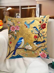 1/2/4 件涤纶 2D 平面印花现代金色中国风鸟花图案枕套，非真刺绣，短毛绒，可机洗，拉链开合，编织涤纶装饰靠垫套，适用于家庭、办公室和汽车装饰 - 不含内衬（15.7*15.7/17.7*17.7/19.7*19.7 英寸），秋季装饰，秋季装饰，房间装饰 - 彩色 - 查看 4