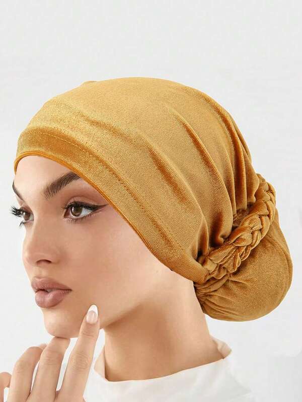 1pc Solid Color Fashionable Velvet Braided Beanie Cap For Women, Chemo Hat