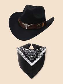 两件套西部牛仔服装套装，包括牛仔帽和头巾，经典卷边软毡帽，男女童皆宜 - Cowboy hat+Black Head Scarf - 查看 7