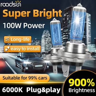 2pcs H7 H4 H11 H1 H13 9007 9012 880 5202 H9 9005/HB3 9006/HB4 100W 12V Halogen Car Headlight Bulbs, 900% Brighter 6000K Super White Light, Long Lifespan, Easy Installation, Fit For 99% Vehicles, Plug And Play