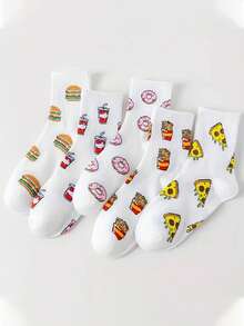 5 Pairs Unisex Hamburger & Fruit/Vegetable Pattern Socks, Suitable For All Seasons As Couples Socks - Multicolor - View 3