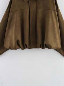 女士纯色长袖仿麂皮飞行员夹克，适合春秋季节 - 咖啡棕 - 查看 5