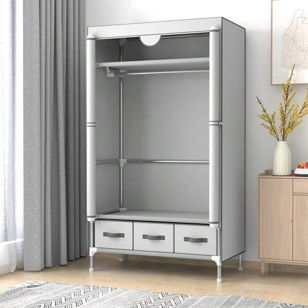 Portable Wardrobe - Roll-Up Door Zipper Closet With Hanging Rod, Nonwoven Storage Shelves, 1 Hanging Rod And 3 Drawers, Easy Assembly - 35.5 X 17.7 X 67.7 Inches
