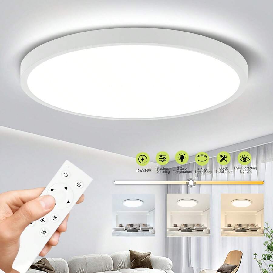 大尺寸LED吸顶灯,遥控三色调光,简约风格家居装饰,卧室/客厅吸顶灯,亮度高,色温可调,180V-265V,30W/40W/50W,适用于浴室/卧室/客厅/书房/衣帽间/厨房/走廊/门廊/楼梯间/小房间,根据使用需求选择合适的尺寸。 - LED吸頂燈遙控模式 - 查看 1