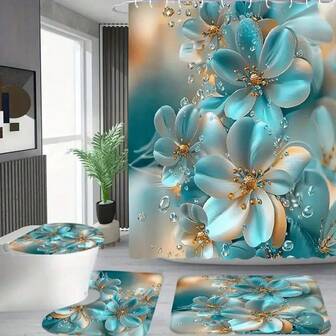 1 Set/4 Pcs Elegant Blue And White Floral Printed Shower Curtain, Apartment Bathroom Shower Curtain Set, Hotel Bathroom Curtain Set With 12 Hooks, Bath Mat, Toilet Seat Cover And U-Shape Pad, Bathroom Accessories Set Home Bathroom Decor Fall Decor Back To School