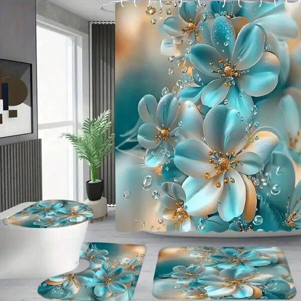 1 Set/4 Stücke eleganter blau-weißer floraler bedruckter Duschvorhang, Duschvorhang-Set für Apartment-Badezimmer, Hotel-Badezimmer-Vorhang-Set mit 12 Haken, Badematte, Toilette-Sitzabdeckung und U-förmige Auflage, Badezimmer-Accessoire-Set Heim-Badezimmer-Dekoration Herbstdekoration Rückkehr zur Schule