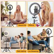 10 英寸三色 LED 自拍环形灯 | 43 英寸可调节三脚架 | 两个手机夹 | USB 供电亮度调节 | 3 种灯光颜色模式 | 适用于直播 / 化妆 / 视频会议 / 摄影 | 户外拍摄 / 采访 / 派对补光灯 | 兼容多种手机型号，兼容 Android 手机，手机 LED 灯带灵活三脚架和手机支架，适用于暑假、旅行度假、摄影和视频录制、照片自拍视频录制 Zoom 会议、手持自拍、户外活动、采访、直播、视频博客 - 黑色 - 查看 6