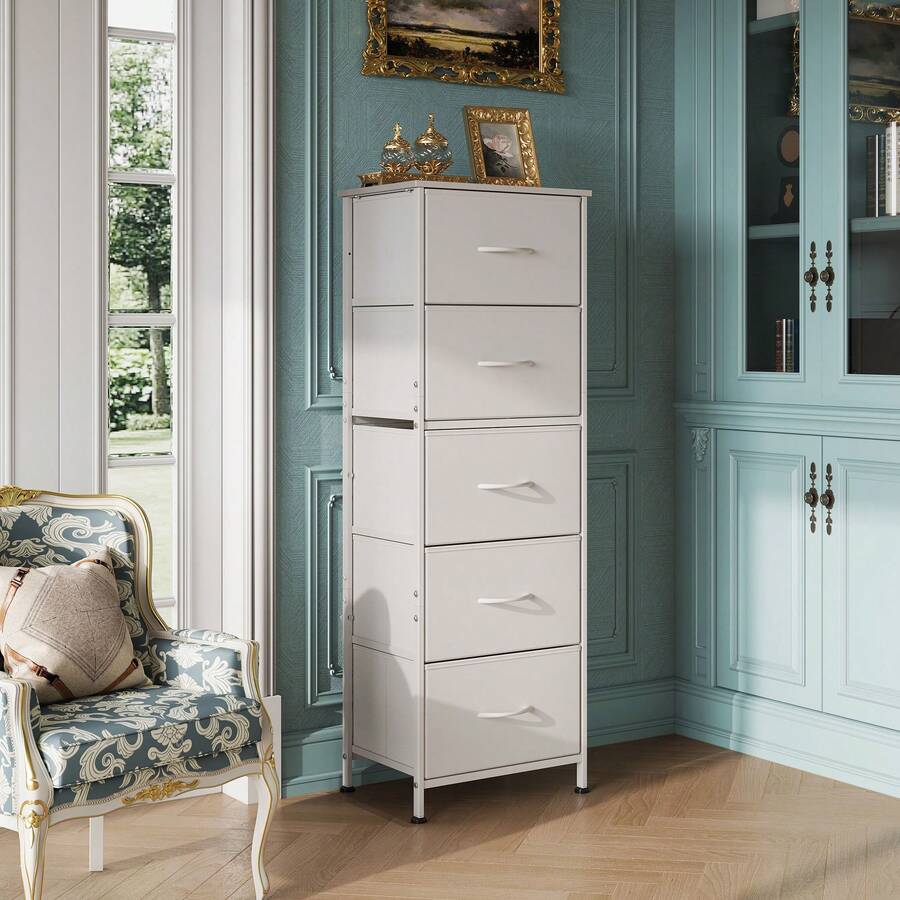 5-Drawer Tall Fabric Dresser With Wood Top, Storage Organizer Chest For Bedroom, Closet, Hallway, Sturdy Steel Frame, White - 白色 - 查看 1