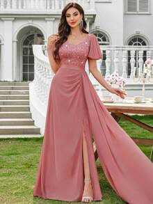 MIUSOL Sequin Embroidered Lace Sweetheart Neck Ruffle Sleeve Draped Side Split Thigh Formal Party Maxi Dress, Wedding Dress, Bride - Dusty Pink - View 5