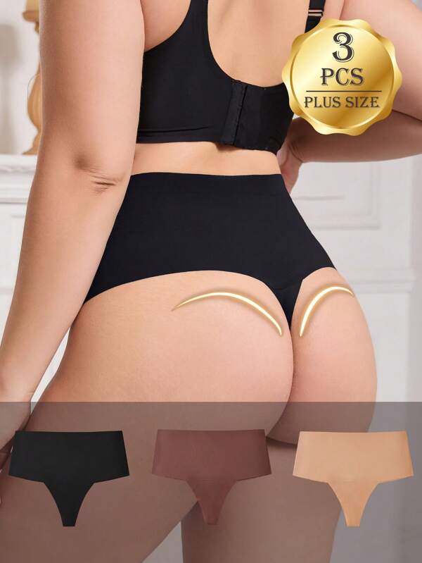 3pcs Plus Size Seamless Low-Rise Thong Panties, Earthy Ribbed Texture, Breathable Bikini Underwear For Women, Sexy Nude Feeling
