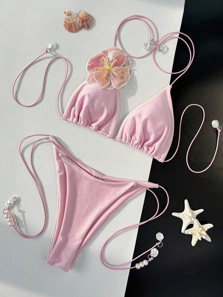 Europe And America Fashion Women 2-Pieces Swimwear Set, Solid Color Halterneck Bra Top & Brief Bottom - Baby Pink - View 1