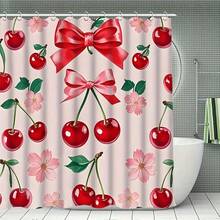 1/4pcs Creative Red Cherry & Pink Bow Pattern Shower Curtain Set, Modern Style Home Bathroom Decor, High Quality All Season Bathing Accessory, Machine Washable With 12 Hooks, Easy Clean Bathtub Enclosure For Fresh Experience Fall Decor Bathroom Accessories Back To School - Multicolor - View 12