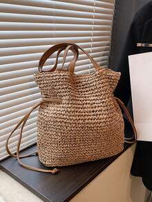 2025 New Straw Drawstring Bucket Bag, Fashion Casual Solid Color Versatile Vacation Travel Shopping Large Capacity Straw Shoulder Tote Bag - Khaki - View 8