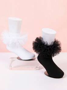 1 Pair / 2 Pair 100% Cotton 4-Layer Lace Trim Sheer Socks, Breathable & Comfortable Children/Girls Dance Socks - Multicolor - View 2