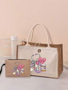 1/2pcs Nurse Theme Handbag & Cosmetic Bag Set, Patchwork Linen Tote Bag, Casual Style, Adjustable Shoulder Strap, Printed With Stethoscope, Heart, Syringe, Thermometer Patterns, Suitable For Commuting, Campus Life, Travel, Medical Events, Also A Thoughtful Gift For Holidays, Nurses' Day, Teachers' Day, Anniversary, Etc. - Khaki - View 11